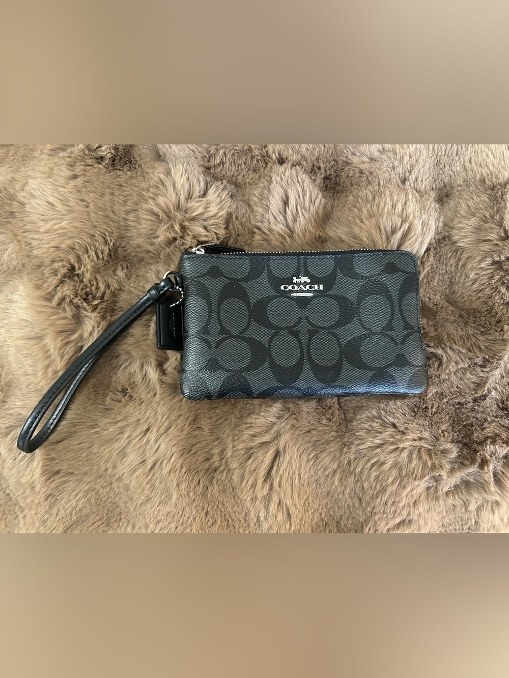 Coach Black Signature Zip Wristlet with Silver Hardware